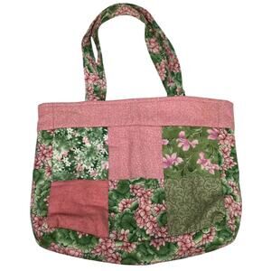 Quilted Cottagecore Pink Floral Patchwork Lined Double Handle Handmade Tote Sm